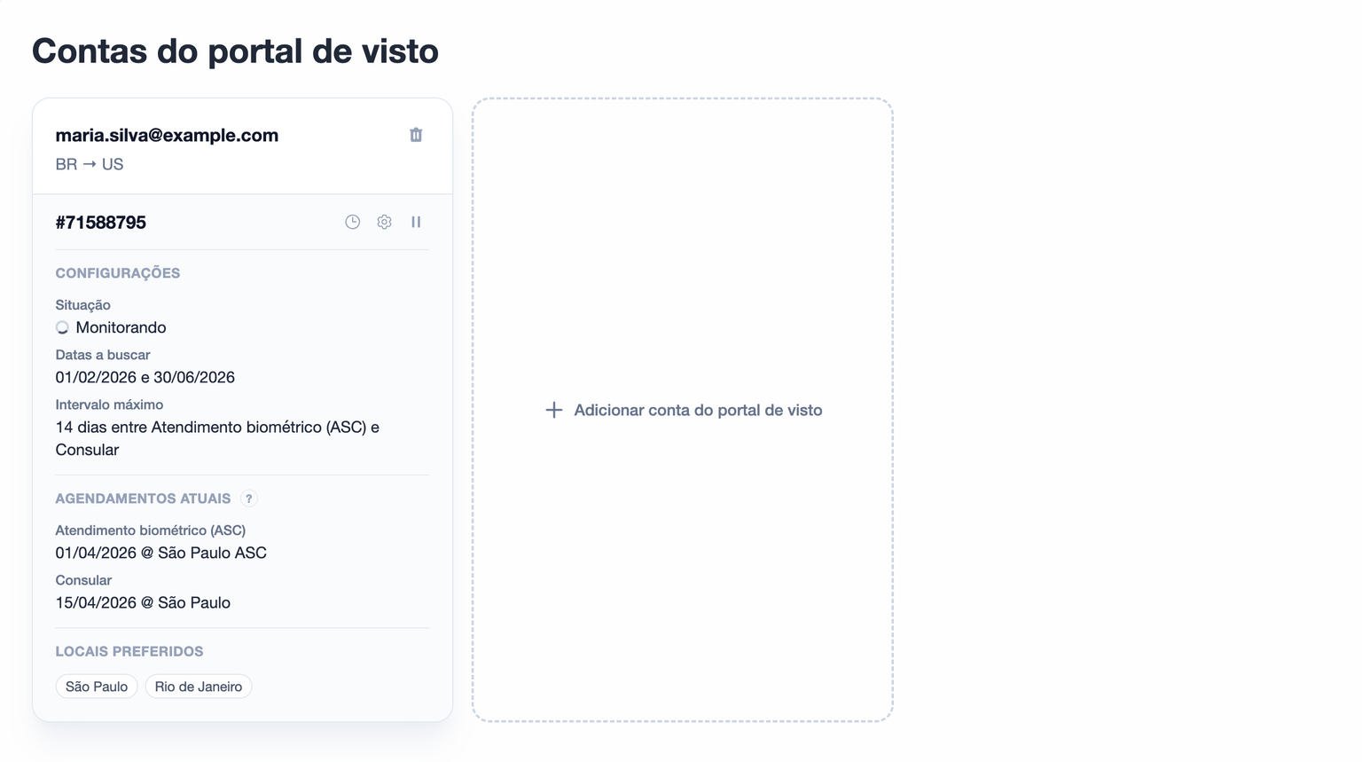 Painel com cards de contas e status de acompanhamento