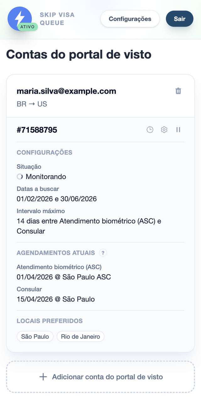 Painel com cards de contas e status de acompanhamento