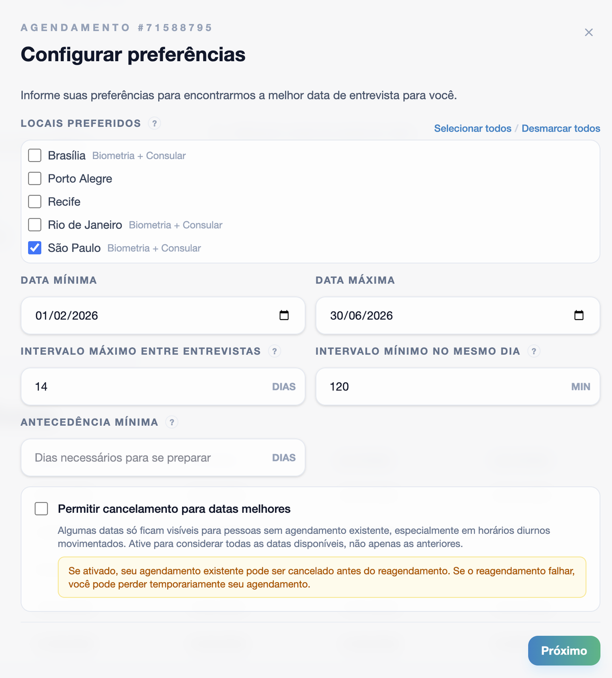 Modal de configuração de preferências